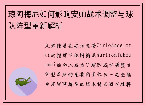琼阿梅尼如何影响安帅战术调整与球队阵型革新解析 琼阿梅尼如何影响安帅战术调整与球队阵型革新解析
